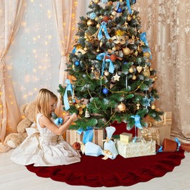 DEMIUKO Christmas Tree Skirt Red 48 Inch Xmas Tree Skirt 3D Knitted Floor Mat Soft Woven Pine Tree Base Cover Mat Petals Ruffled Christmas Tree Decorations for Home Party Festival Holiday (122cm)