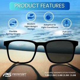 proSPORT Photochromic Sunglass Readers Men Women +2.50 Black Frame Indoor Outdoor Full Magnified Reading Glasses NOT BIFOCAL UV Protection