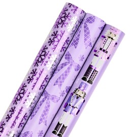 RUSPEPA Purple Christmas Wrapping Paper Set, Mini Roll, Gold Foil Nutcracker Soldier, Snowflake and Bow Design Gift Wrap Paper Perfect for Holiday Gifts, 3 Rolls, 17 inches x 10 feet per Roll
