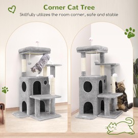 Globlazer FC50 Cat Tree Tower for Indoor Cats, 50-inch Adult Cat Tree House for Large Adult Cats with Steps, Scratching Post, 2 Cat Caves, Dangling Toys, Light Grey