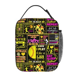 LEKEFLOW Portable Softball Lunch Tote Bag for Kids Boys Girls, Thermal Insulated, Softball Theme, Unisex, Casual, Over 3 Years Old