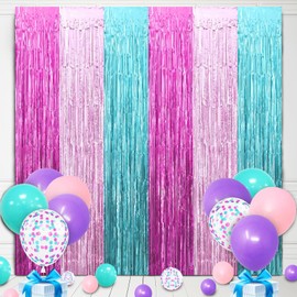 22Pcs Cute Dollhouse Party Decorations, Purple Pink 3.3x8.2ft Tinsel Foil Fringe Curtains Banners and Multicolour Balloons for Cartoon Theme Birthday Decorations Boys and Girls Party Supplies