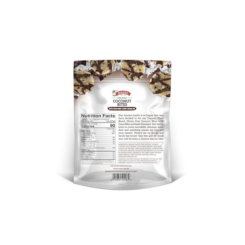 Jennies Organic Coconut Bites with Cacao Nibs and Dark Chocolate,