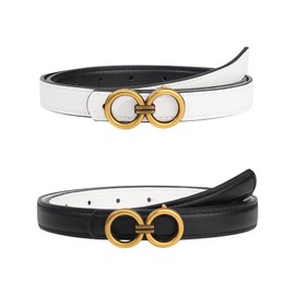 Kajeer Reversible Belts for Women, Black Thin Leather Skinny Belt with Removable Gold Buckle for Dresses(L, White)