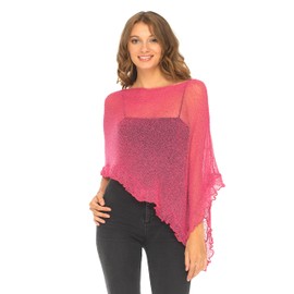 SHU-SHI Womens Sheer Poncho Shrug Lightweight Knit Ruffle Sweater Top Pink