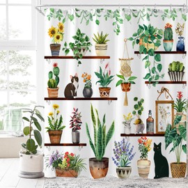 Yeoiat Plants Cat Shower Curtain Cute Shower Curtain for Bathroom with 12 Hooks Polyester Fabric Waterproof Shower Curtain for Bathroom Decoration (White, 72"x72")
