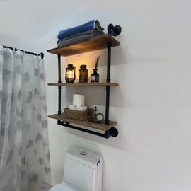 ROGMARS Industrial Pipe Shelving Bathroom Shelves with Towel bar, 24 in Rustic Floating Shelves Pipe Wall Shelf,3 Tier Wall Mounted Shelves with Hook