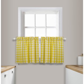 Aiking 24 inch Length Cafe Tiers, 2 Panels of 28" x 24" Picnic Plaid Rod Pocket Tier Curtains, Polyester, Yellow and White
