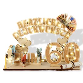 Geldgeschenke Geburtstag 60 mit LED Lichterkette, Geschenk 60 Geburtstag mann, Geschenke zum 60 Geburtstag für Frauen, Geschenk für Männer 60 Geburtstag, Original Geburtstag mann frau Geschenk