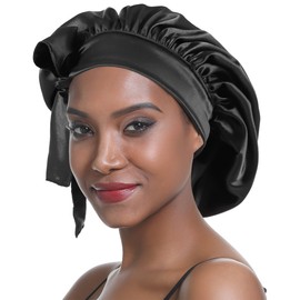 SENGTERM Silk Night Cap Women with Hair Satin Cap Night Cap Wide Silky Band Elastic Double Layer for Black Women with Long and Curly Hair, black