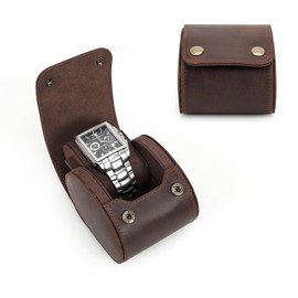 CONTACT'S FAMILY Watch Storage Box, Genuine Leather 1 Slot Watch Protective Roll Case, Watch Gift Box, Watch Organizer for Man (Coffee)