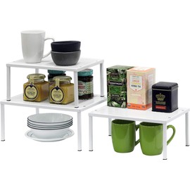 Simple Houseware Expandable Stackable Kitchen Counter Shelf Organizer, White, Metal Top, 11.25"L x 7.9"W x 5.4"H
