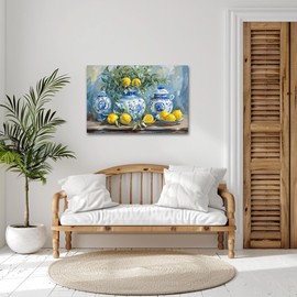 SWQYLB Lemon Wall Art Kitchen Picture Vintage Citrus Fruit Canvas Prints Yellow Lemon with Pottery Blue Classical Painting Rustic Farmhouse Decor Framed (Blue, 16.00" x 24.00")