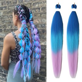 Ombre Blue Light Purple Pre stretched Braiding Hair, 26 Inches Box Braiding Hair Extensions, 2 Packs Yaki Texture Synthetic Crochet Braids Hair