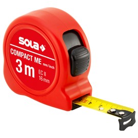SOLA Tape Measure Compact ME 3 m / 16 mm Pocket Tape Measure with Belt Clip Steel Tape Painted Yellow with mm/inch Scale Accuracy Class II Roll Meter with Movable End Hook Length 3 m / 16 mm