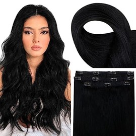 Fshine Clip-In Real Hair Extensions, Black, 45 cm, 50 g, 3 Pieces, Colour 1