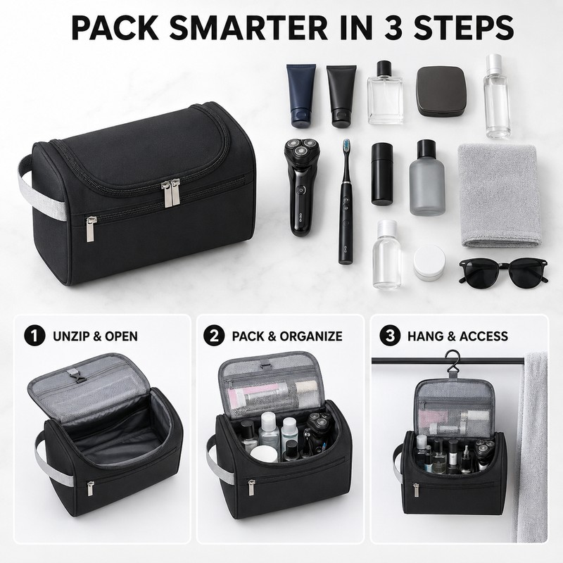 Travel Toiletry Bag with Hanging Hook, Zipper Pockets and Carry