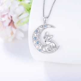 EUSJ Fox Necklace 925 Sterling Silver Fox Pendant Moon Fox Jewelry for Women Fox Lover Gifts for Birthday Valentine's Day