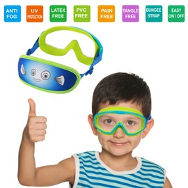 RUIGAO Kids Swim Goggles Age 4-12, Toddler Goggles No Tangle, Child Swimming Mask/Bungee Strap/Soft Band (1PK - Blue Fish)