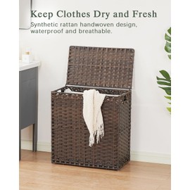 SETVSON Laundry Hamper with Lid Wicker Laundry Basket 112 L (29.6 Gal) Laundry Hampers Handwoven Rattan Laundry Hamper with Handles 3 Removable Washing Bag, 6 Mesh Bags for Bathroom Bedroom Brown