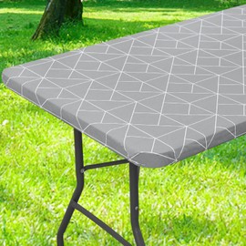misaya Rectangle Fitted Plastic Table Cloth, Elastic Vinyl Flannel Backed Tablecloth, Waterproof Table Cover Fits 8 Foot Folding Tables for Outdoor Picnic Camping (Light Grey, 30" x 96")