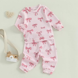 XIXIMAON Baby Girls Fall 2 Pieces Outfits Set Bow Print Round Neck Long Sleeve Jumper Top Drawstring Sweatpants Set Toddler 2pcs Fall Tracksuit (Pink, 18-24 Months)