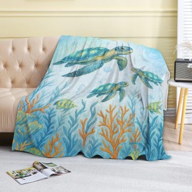 coedoaes Sea Turtle Fleece Blanket,50x60in,Watercolor Ocean Reef Coral and Fish Throw Blankets,Soft Cozy Lightweight, Ideal for Bed Living Room Home Marine Decor,Kids Gifts