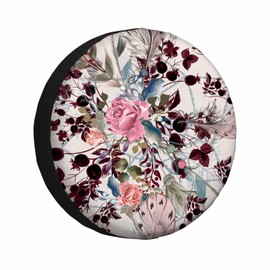 MIYASANG Rose Spare Tire Cover Pink Flowers and Plants Feather Catcher Dream Fashion Boho Style Weatherproof Universal Wheel Protectors Camper Tire Covers for Trailer Rv Travel(17 inch)