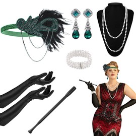 1920s Accessories for Women, 6 Pieces Roaring 20's Flapper Great Gatsby Accessories Set with Headband Long Gloves Pearl Necklace Bracelet Earrings Handheld Holder for Ladies Girls Party Prom (Green)