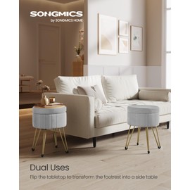 SONGMICS Vanity Stool Chair, Small Ottoman Stool with Storage, Velvet Makeup Stool, 15.4 Dia. x 17.5 H Inches, 4 Metal Legs, for Makeup Room, Living Room, Bedroom, Dove Gray ULOM003G02