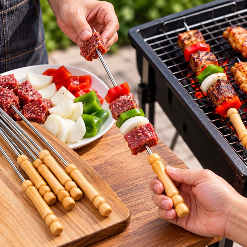 Reusable BBQ skewers for holding meat, vegetables, and other ingredients