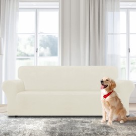 WEERRW Velvet Couch Cover for 3 Cushion Couch Covers - Stretch Sofa Slipcovers with Non Skid Foam and Elastic Bottom, Furniture Protector for Pets, Crafted from Soft Plush Fabric, Ivory, Large