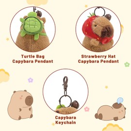 Adorlynetty 2 Pcs Capybara Keychain Capybara Stuffed Animal Cute Capybara Plush Keychain Soft Capybara Bag Pendant Party Favor Gifts Toys for Kids(Turtle Bag or Strawberry Hood)