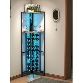 Qriocioa Corner Wine Rack with Led Strip Light Freestanding Floor with Wine Glass Holder and 30 Wine Bottle Holder Industrial Corner Bar Wine Cabinet for Home Bar Kitchen Living Room (Rustic Brown)