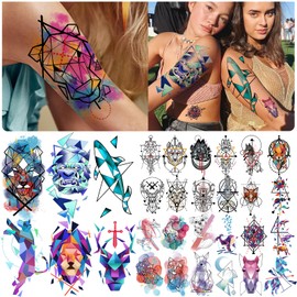 77 Sheets Geometric Animal Temporary Tattoo, 17 Sheets Half Arm 3D Lions Fox Wolf Owl Tiger Fake Tattoos for Adults Women Men, 60 Sheets Tiny Skull Cat Flower Tattoos Sticker for Kids Boy Girl