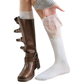 Amazleer Women's Cute Lace Patchwork Knee High Socks, Y2k Boots Socks Stockings Lolita Style Over-The-Knee Sock (White)