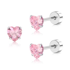 FACOKO Flat Back Earrings for Women, Cubic Zirconia Heart Earring, Titanium CZ Screw Back Stud, Stone Flat Back Studs for Multiple Piercings, Flatback Sensitive Ears (Pink Heart CZ-4MM)