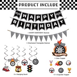 Race Car Birthday Party Decorations Supplies,Race Car Party Decorations Include Banners Hanging Swirls Cake&Cupcake Toppers for Cars Themed Birthday Party Photo Props Baby Shower Wall Decor