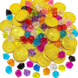 Treasure Chest Children's Birthday, Pirate Decoration Children's Birthday Party with 250 Gold Coins and Gemstones, Ideal for Treasure Hunting, Children's Birthday Party 6 Years and Pirate Party