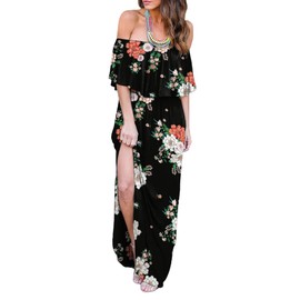 Womens Off The Shoulder Ruffle Party Dresses Side Split Beach Maxi Dress Flower03 XS