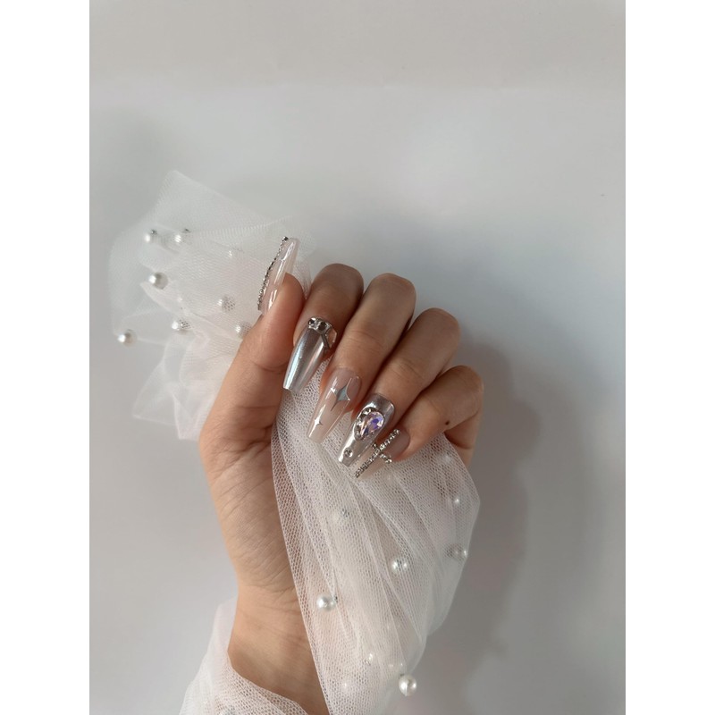 M·Q NAIL,Press on nails,Magic mirror powder square medium nails,Hand drawn,Includes