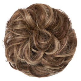 JJstar Big Curly Wavy Human Hair Bun Hair Extension Fake Elastic for Women and Girls (Brown&Honey Blonde)