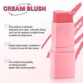 Boobeen Blush Cream Contour Stick, Multi-Use Makeup Blusher for Cheeks, Blendable, Lightweight Long-lasting Color Natural Blush Makeup Stick for Eyes Lips and Face, Matte and Dewy Finish
