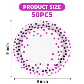 DN DENNOV White & Purple Dot Party Plates 9’’ Polka Dot Paper Plates for Kids Women Men Birthday Party, Wedding, Picnics, Anniversary Decorations. Pack of 50 (White and Purple Plates)