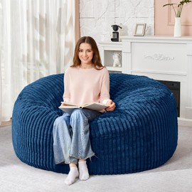 HABUTWAY 5FT Bean Bag Chair, 5' Large Bean Bag Chairs for Adults with Removable Stripe Plush Cover, Memory Foam Beanbag Chair for Living Room Bedroom Dorm (Blue)