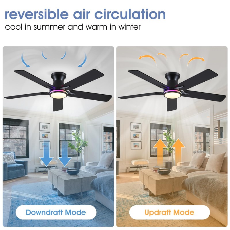 Goniyado 52" RGB Ceiling Fans with Lights and Remote/APP,Black Low
