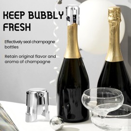 Stainless Steel Champagne Stoppers with Silicone, Reusable Wine Seal and Decorative Wine Corks, Leakproof Bottle Plug for Champagne, Cava, Prosecco, Sparkling, Silver, 2 pcs