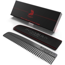 Bossman Metal Grooming Comb for Men - Mustache and Beard Styling Tool with Leather Pocket Case (Black)