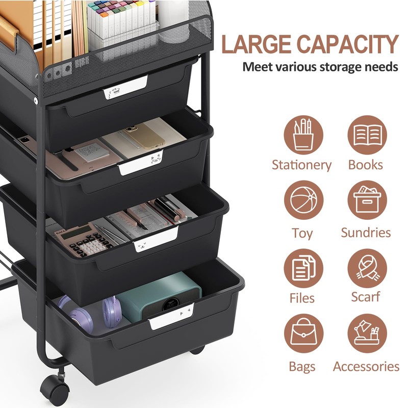 SYKIARIOL 4-Drawer Rolling Storage Cart with Mesh Top,Black
