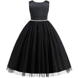 Galluria Flower Girl Dress Girls Dresses Wedding Satin V-Back Pearls for Pageant Prom Ball Gowns Party Black120